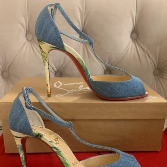 Christian Louboutin Women Senora 4" Denim Hawaii Peep Toe Pumps Sz 36.5 Blue NIB - Picture 4 of 15